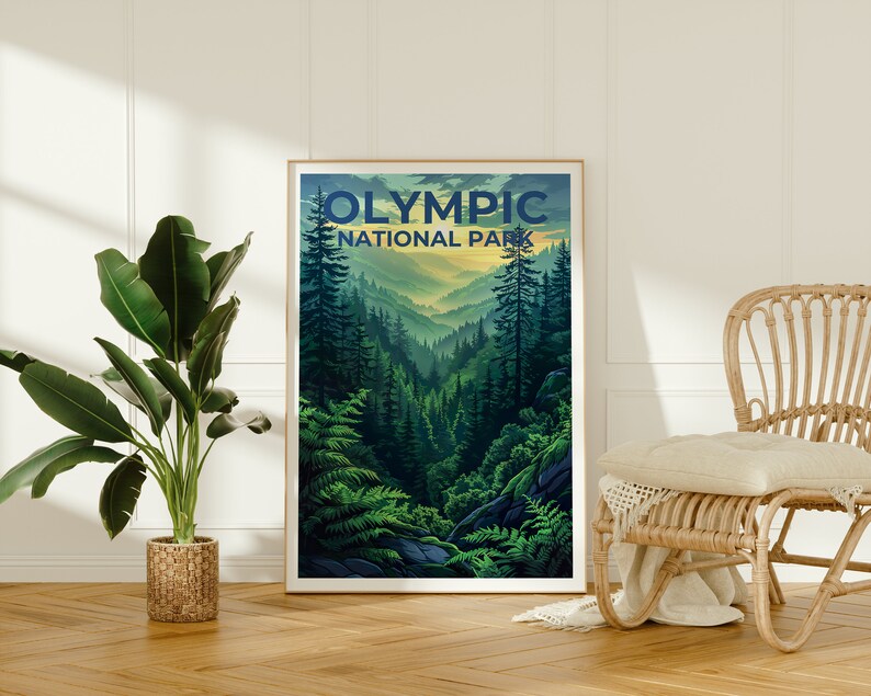 Affiche du parc national olympique, impression de Washington, art de Washington, impression olympique, affiche de voyage olympique, affiche de forêt