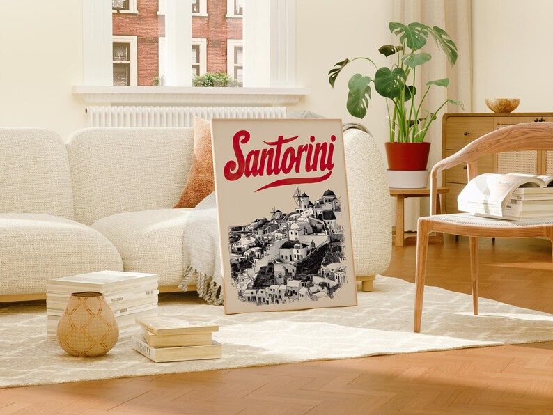 Santorini Poster, Greece Travel Print, Coastal Art, Greek Island Illustration, Landscape Poster, Scenic Wall Art, Home Decor, Birthday Gift
