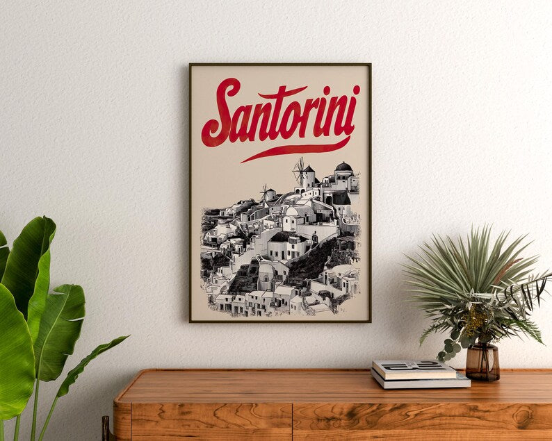 Santorini Poster, Greece Travel Print, Coastal Art, Greek Island Illustration, Landscape Poster, Scenic Wall Art, Home Decor, Birthday Gift