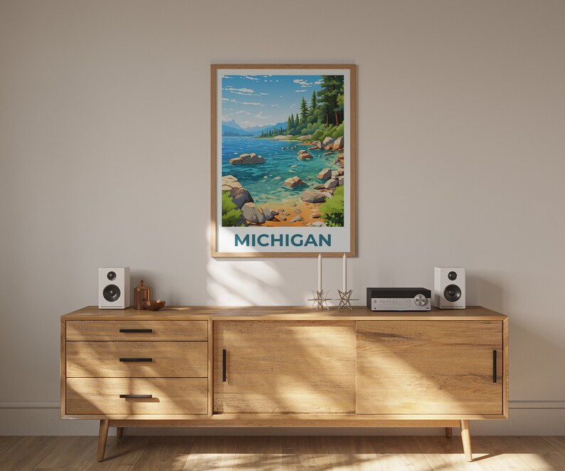 Affiche du Michigan, Impression du Michigan, Affiche du lac Michigan, Impression du lac Michigan, Affiche de voyage du Michigan, Affiche de forêt, Art du Michigan