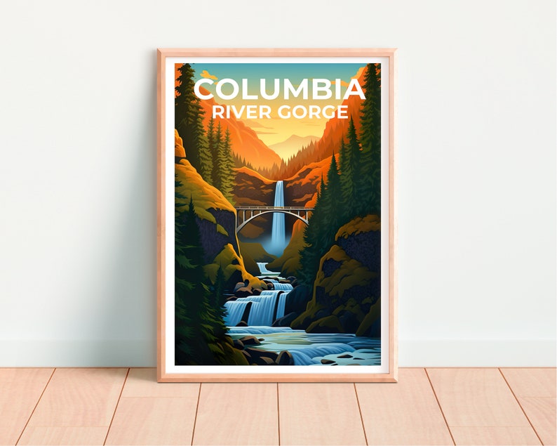 Affiche de voyage sur les gorges du fleuve Columbia, art mural de Washington, impression de l'Oregon, affiche des chutes de Multnomah, impression des chutes de Multnomah