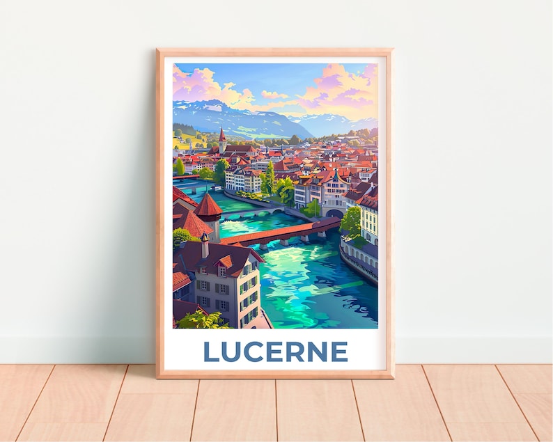 Lucerne Travel Poster, Switzerland Print, Europe Poster, Alps Illustration, Landscape Poster, Scenic Wall Art, Home Decor, Birthday Gift