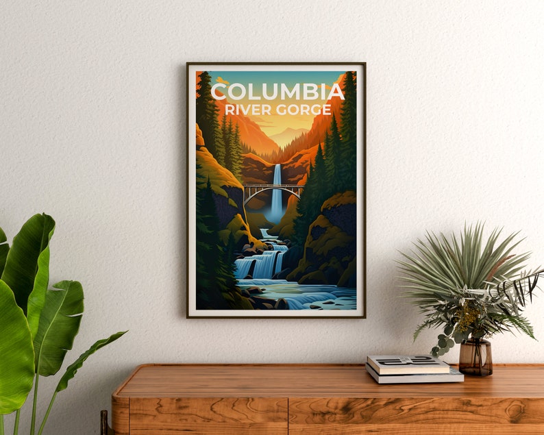 Affiche de voyage sur les gorges du fleuve Columbia, art mural de Washington, impression de l'Oregon, affiche des chutes de Multnomah, impression des chutes de Multnomah