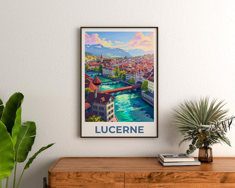 Lucerne Travel Poster, Switzerland Print, Europe Poster, Alps Illustration, Landscape Poster, Scenic Wall Art, Home Decor, Birthday Gift