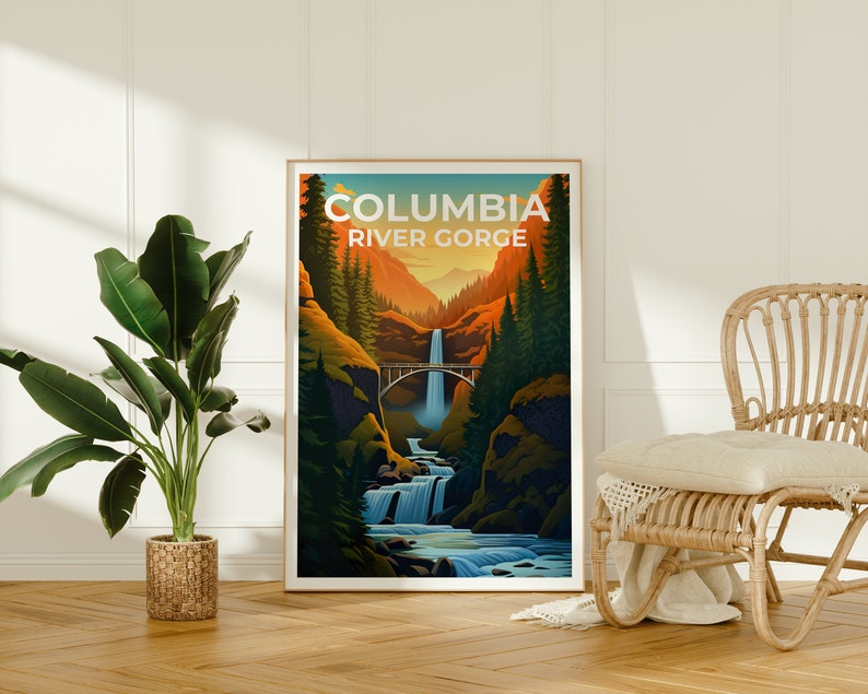 Affiche de voyage sur les gorges du fleuve Columbia, art mural de Washington, impression de l'Oregon, affiche des chutes de Multnomah, impression des chutes de Multnomah