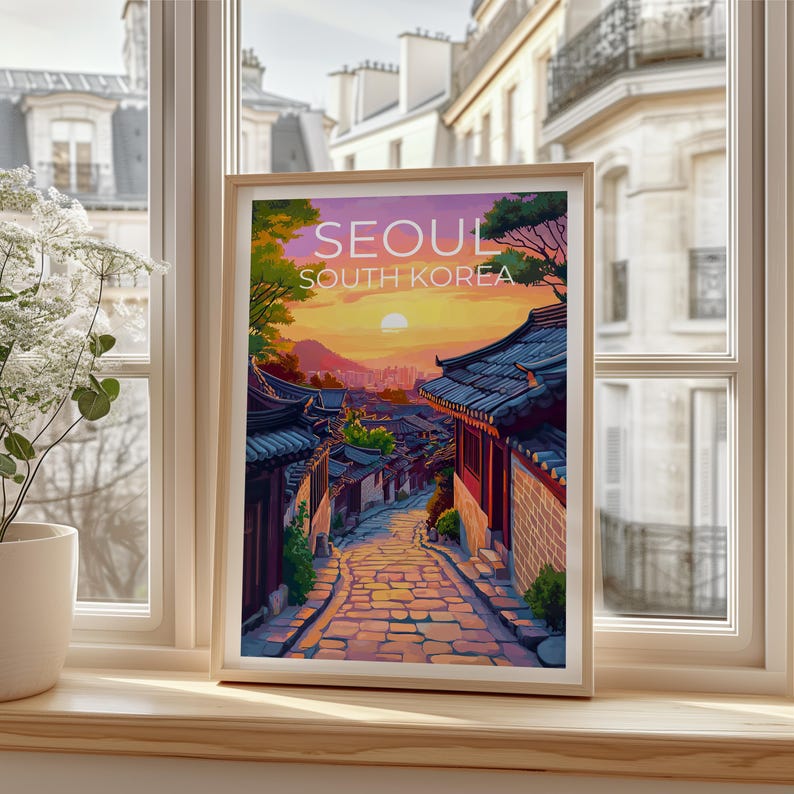 Seoul Poster, South Korea Travel Print, Asia Art, Bukchon Hanok Village Illustration, Landscape Poster, Home Decor, Birthday Gift
