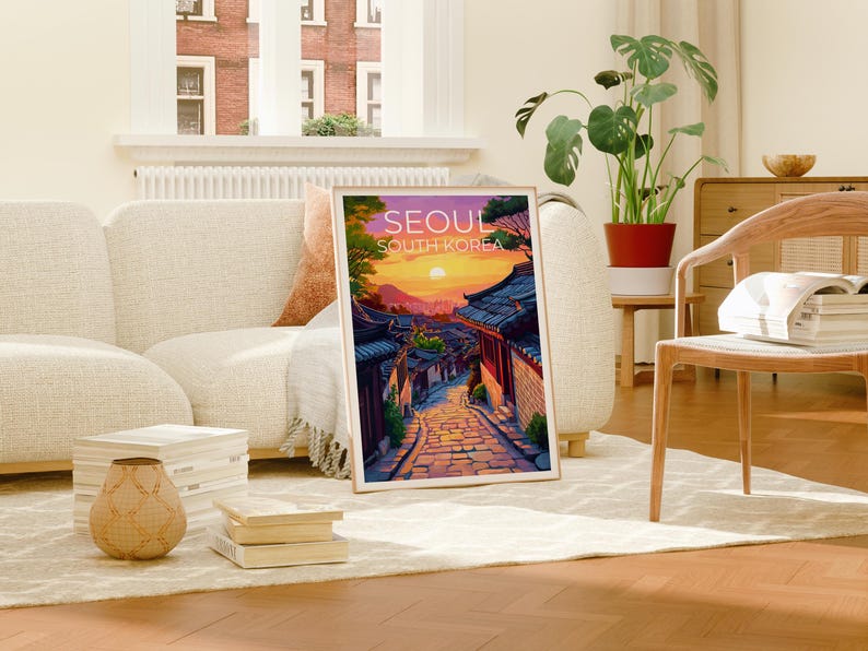 Seoul Poster, South Korea Travel Print, Asia Art, Bukchon Hanok Village Illustration, Landscape Poster, Home Decor, Birthday Gift