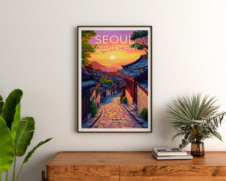 Seoul Poster, South Korea Travel Print, Asia Art, Bukchon Hanok Village Illustration, Landscape Poster, Home Decor, Birthday Gift