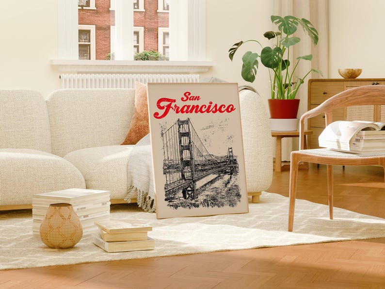 San Francisco Poster, California Travel Print, Golden Gate Bridge Art, West Coast Illustration, Scenic Wall Art, Home Decor, Birthday Gift