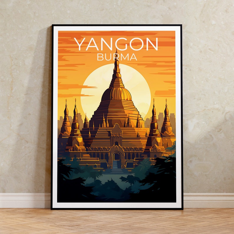Yangon Travel Poster, Burma Wall Art, Myanmar Print, Yangon Poster, Shwedagon Pagoda Poster, City Poster