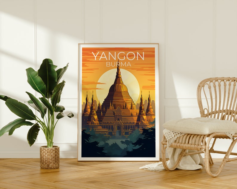 Yangon Travel Poster, Burma Wall Art, Myanmar Print, Yangon Poster, Shwedagon Pagoda Poster, City Poster