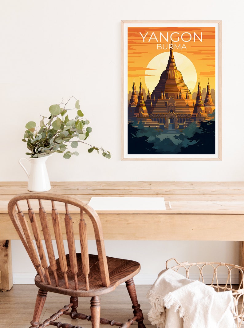 Yangon Travel Poster, Burma Wall Art, Myanmar Print, Yangon Poster, Shwedagon Pagoda Poster, City Poster