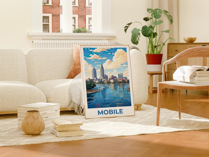 Mobile Poster, Alabama Travel Print, City Skyline Art, United States Illustration, Mobile Print, Scenic Wall Art, Home Decor, Birthday Gift