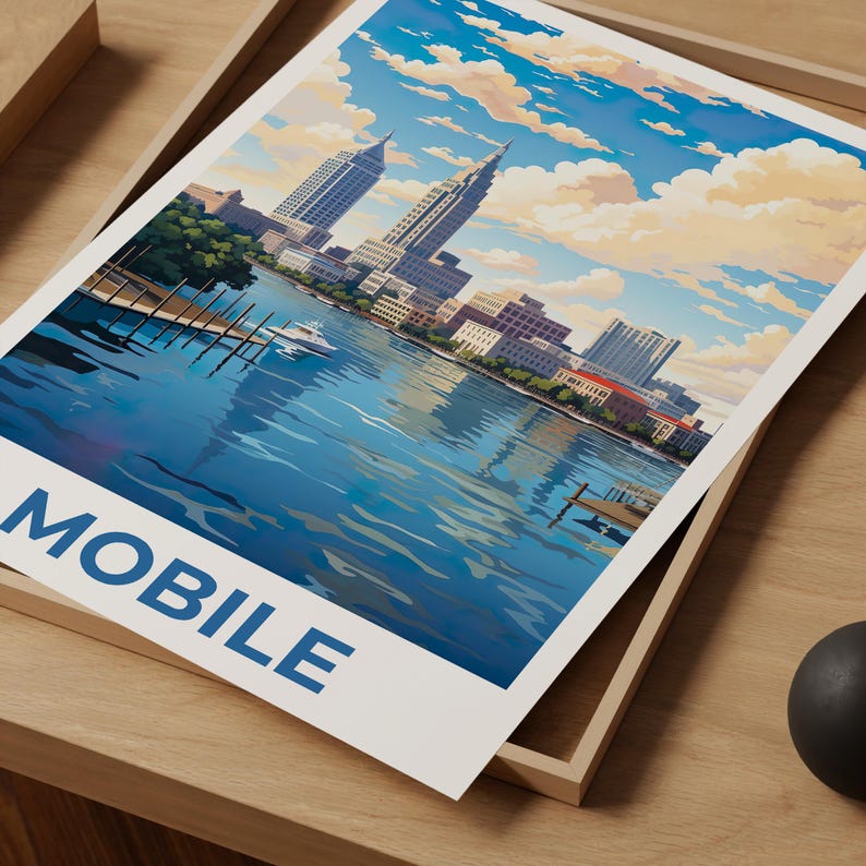 Mobile Poster, Alabama Travel Print, City Skyline Art, United States Illustration, Mobile Print, Scenic Wall Art, Home Decor, Birthday Gift