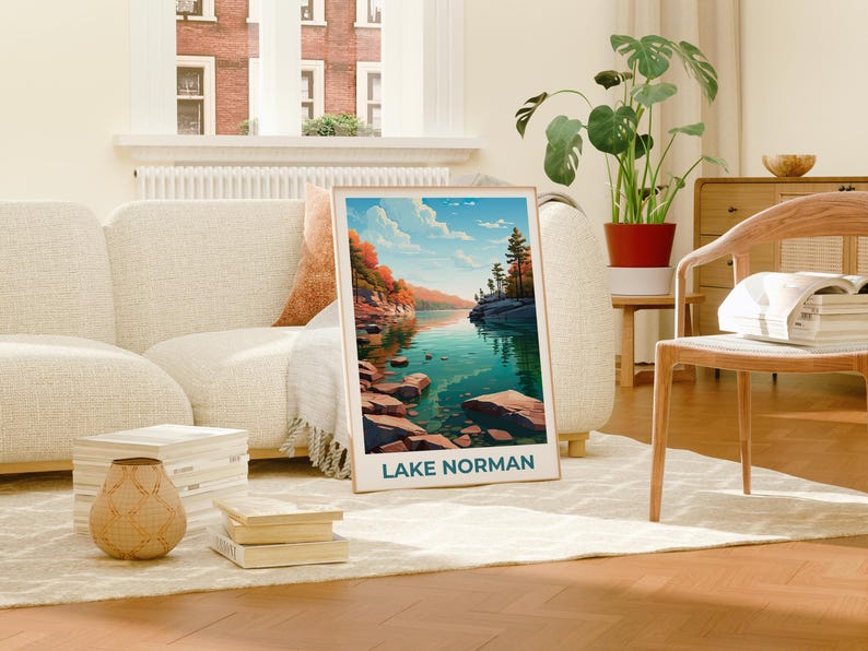 Lake Norman Travel Print, North Carolina Poster, Forest Wall Art, Mountain Illustration, Lake Norman Poster, Home Decor, Birthday Gift