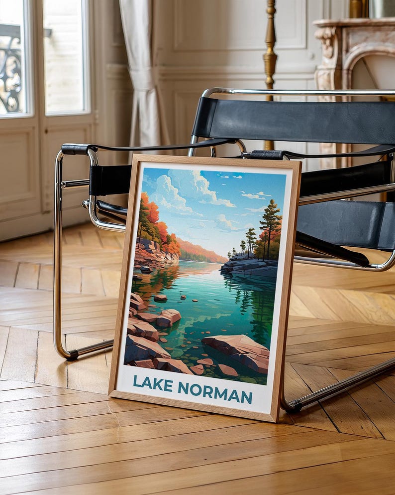 Lake Norman Travel Print, North Carolina Poster, Forest Wall Art, Mountain Illustration, Lake Norman Poster, Home Decor, Birthday Gift