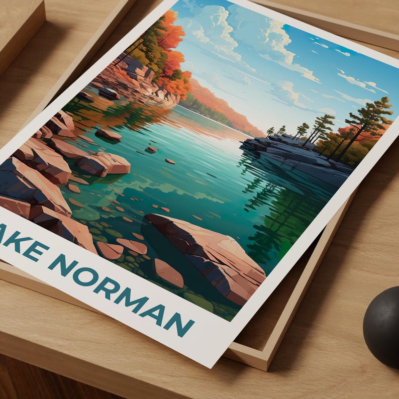 Lake Norman Travel Print, North Carolina Poster, Forest Wall Art, Mountain Illustration, Lake Norman Poster, Home Decor, Birthday Gift