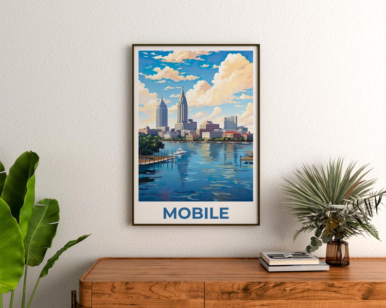 Mobile Poster, Alabama Travel Print, City Skyline Art, United States Illustration, Mobile Print, Scenic Wall Art, Home Decor, Birthday Gift