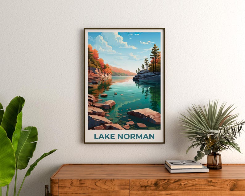 Lake Norman Travel Print, North Carolina Poster, Forest Wall Art, Mountain Illustration, Lake Norman Poster, Home Decor, Birthday Gift