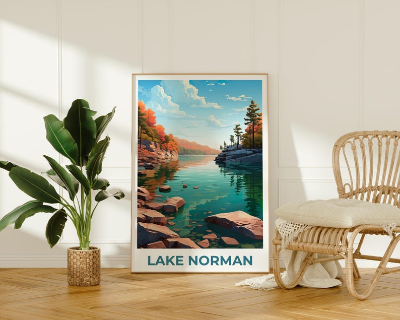 Lake Norman Travel Print, North Carolina Poster, Forest Wall Art, Mountain Illustration, Lake Norman Poster, Home Decor, Birthday Gift