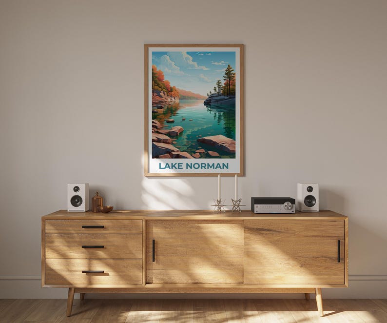 Lake Norman Travel Print, North Carolina Poster, Forest Wall Art, Mountain Illustration, Lake Norman Poster, Home Decor, Birthday Gift
