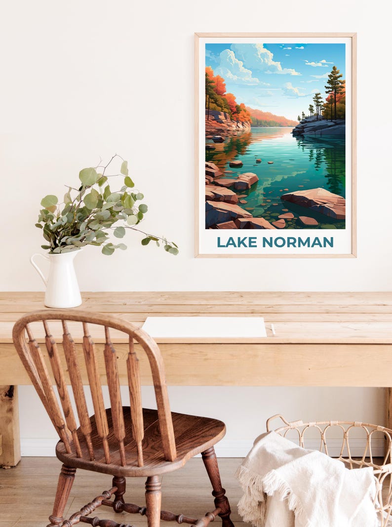 Lake Norman Travel Print, North Carolina Poster, Forest Wall Art, Mountain Illustration, Lake Norman Poster, Home Decor, Birthday Gift