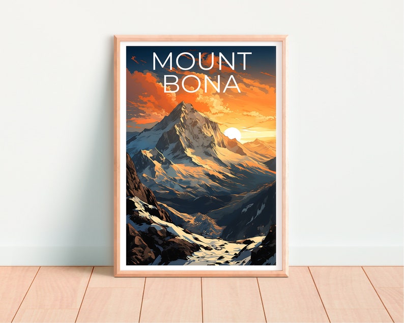 Affiche de voyage du mont Bona, art mural de l'Alaska, impression de l'Alaska, affiche du mont Bona, affiche de l'Alaska, affiche de la nature, art du mont Bona