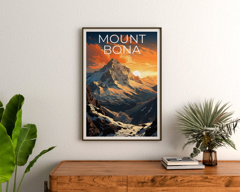 Affiche de voyage du mont Bona, art mural de l'Alaska, impression de l'Alaska, affiche du mont Bona, affiche de l'Alaska, affiche de la nature, art du mont Bona