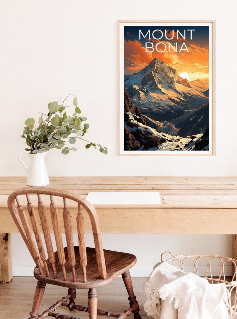 Affiche de voyage du mont Bona, art mural de l'Alaska, impression de l'Alaska, affiche du mont Bona, affiche de l'Alaska, affiche de la nature, art du mont Bona