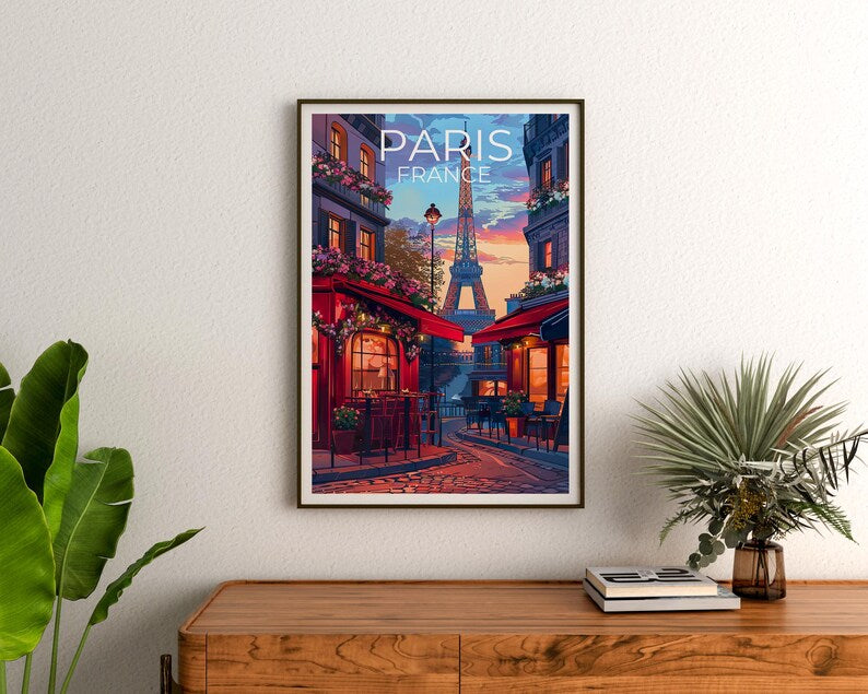 Paris Cafe Poster, France Travel Print, Europe Romantic Art, City Poster, Landscape Poster, Scenic Wall Art, Home Decor, Birthday Gift