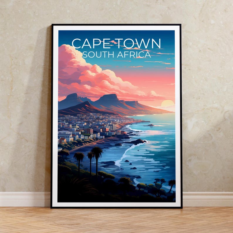 Cape Town Poster, South Africa Travel Print, Table Mountain Art, Coastal Illustration, Landscape Poster, Home Decor, Birthday Gift