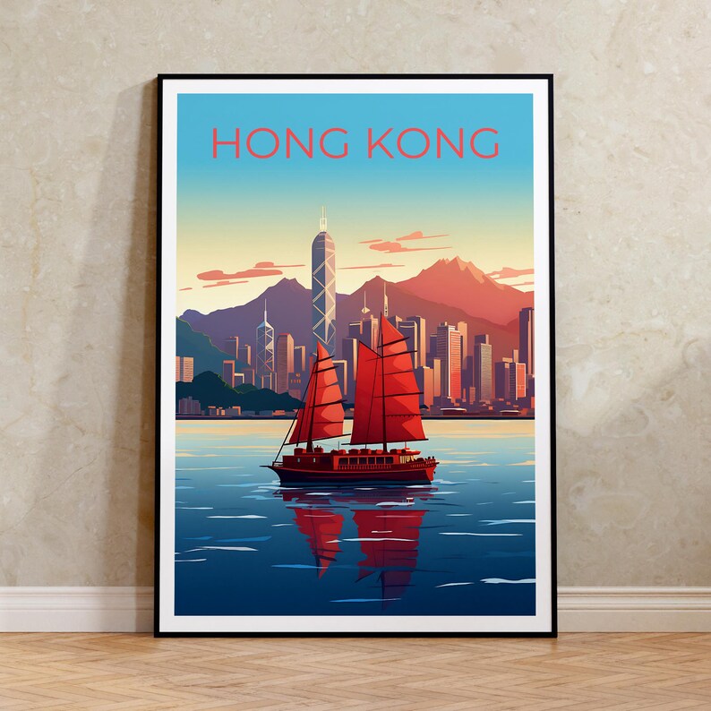 Hong Kong Travel Poster, China Wall Art, China Print, Hong Kong Poster, City Skyline Poster, City Poster, Hong Kong Art