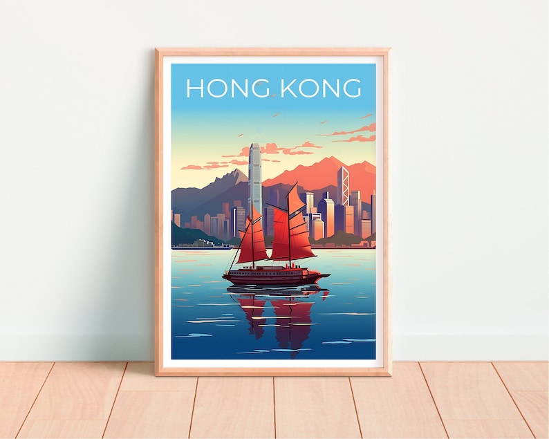 Hong Kong Travel Poster, China Wall Art, China Print, Hong Kong Poster, City Skyline Poster, City Poster, Hong Kong Art