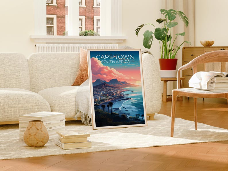 Cape Town Poster, South Africa Travel Print, Table Mountain Art, Coastal Illustration, Landscape Poster, Home Decor, Birthday Gift