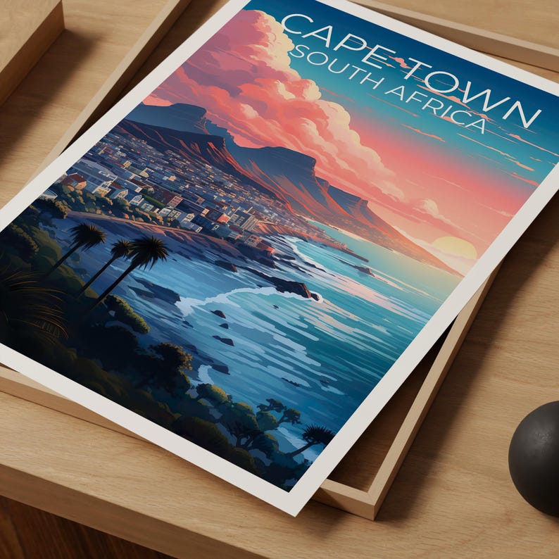 Cape Town Poster, South Africa Travel Print, Table Mountain Art, Coastal Illustration, Landscape Poster, Home Decor, Birthday Gift