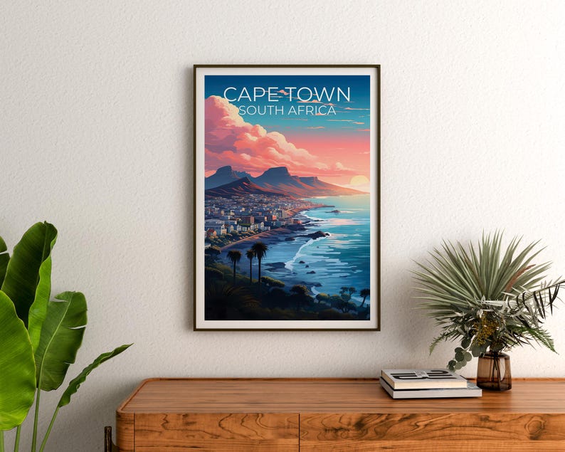 Cape Town Poster, South Africa Travel Print, Table Mountain Art, Coastal Illustration, Landscape Poster, Home Decor, Birthday Gift