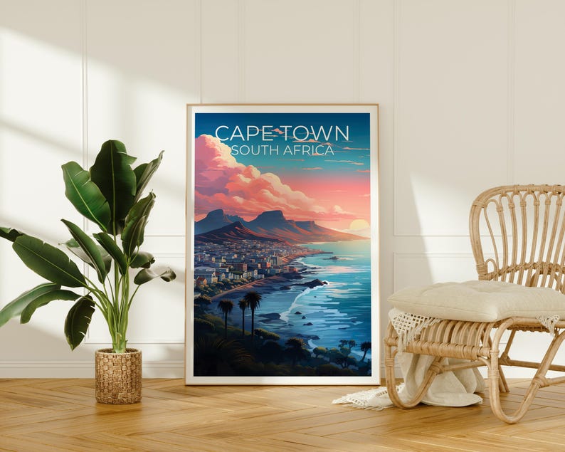 Cape Town Poster, South Africa Travel Print, Table Mountain Art, Coastal Illustration, Landscape Poster, Home Decor, Birthday Gift