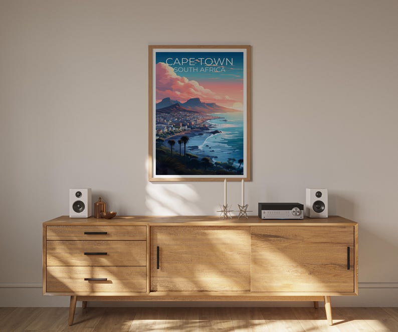 Cape Town Poster, South Africa Travel Print, Table Mountain Art, Coastal Illustration, Landscape Poster, Home Decor, Birthday Gift