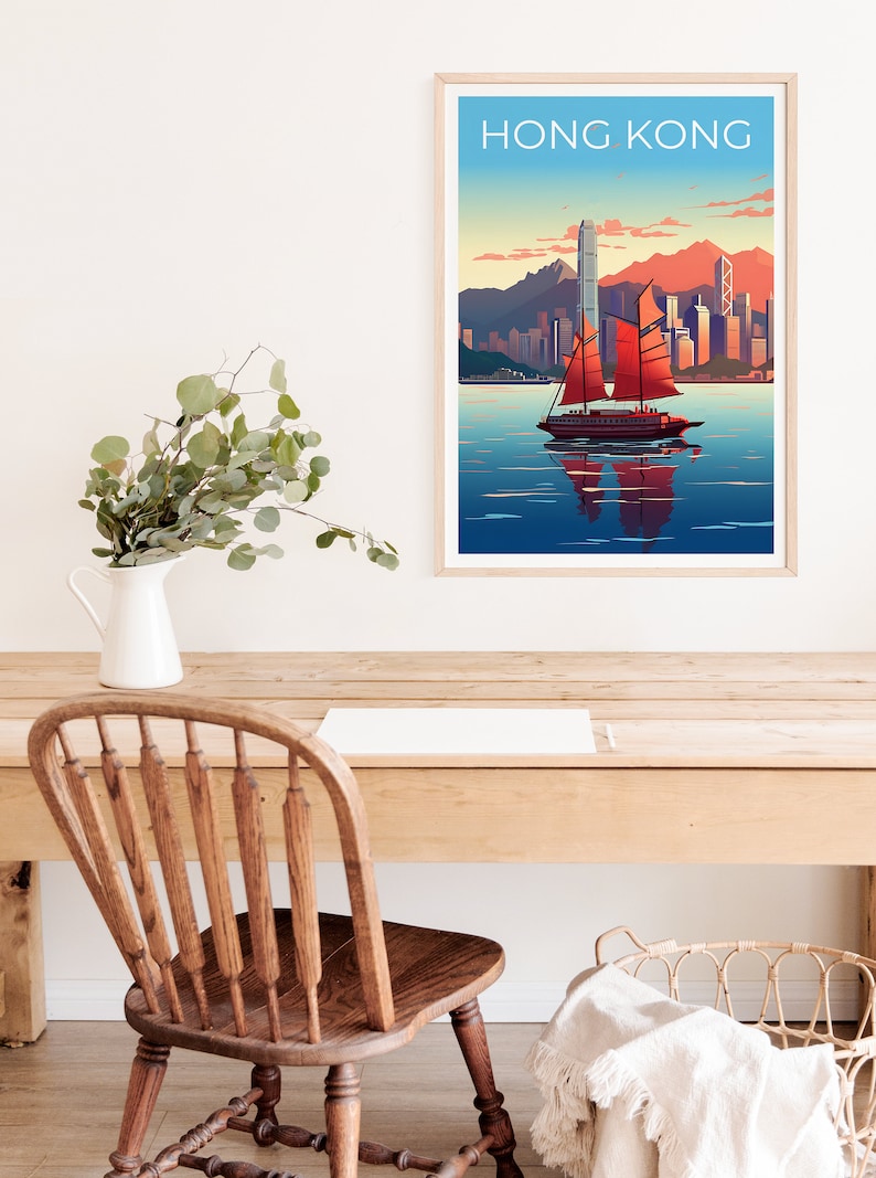 Hong Kong Travel Poster, China Wall Art, China Print, Hong Kong Poster, City Skyline Poster, City Poster, Hong Kong Art