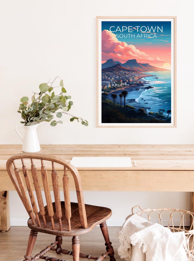 Cape Town Poster, South Africa Travel Print, Table Mountain Art, Coastal Illustration, Landscape Poster, Home Decor, Birthday Gift