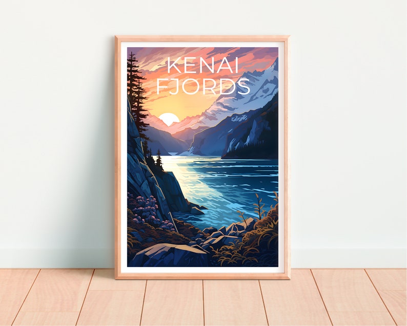 Affiche de voyage sur les fjords de Kenai, art mural sur l'Alaska, impression sur l'Alaska, affiche sur les fjords de Kenai, affiche sur l'Alaska, impression sur les fjords de Kenai, art sur les fjords de Kenai