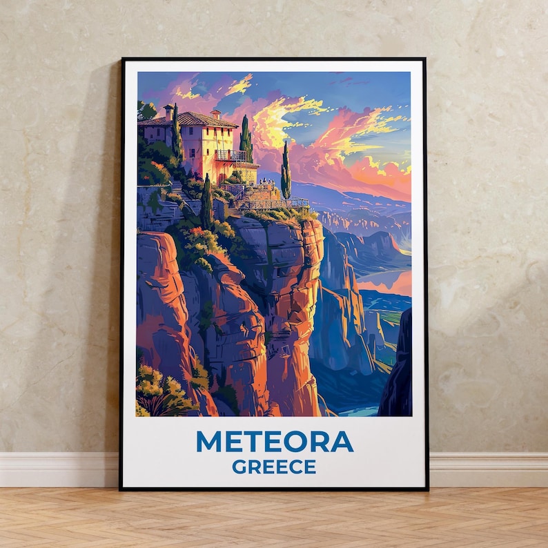 Meteora Travel Print, Greece Poster, Monastery Wall Art, Cliffside Illustration, Meteora Poster, Home Decor, Birthday Gift