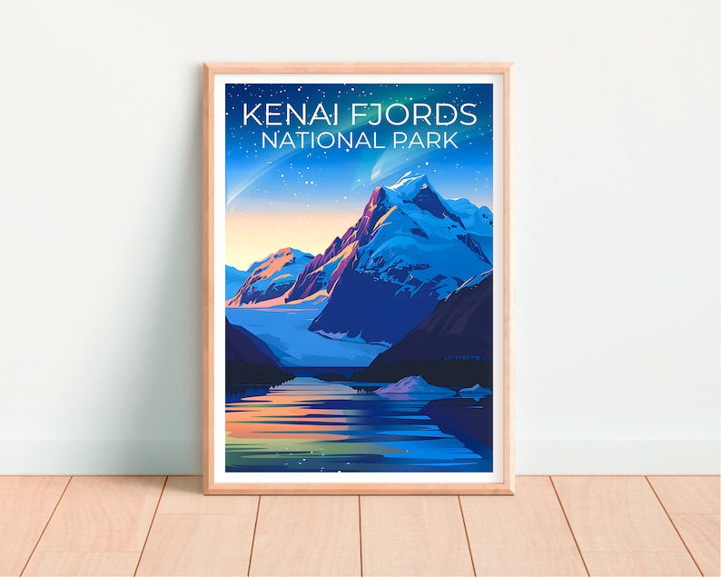 Affiche de voyage des fjords de Kenai, impression des fjords de Kenai, affiche de l'Alaska, impression de l'Alaska, affiche des parcs nationaux, cadeau de randonnée