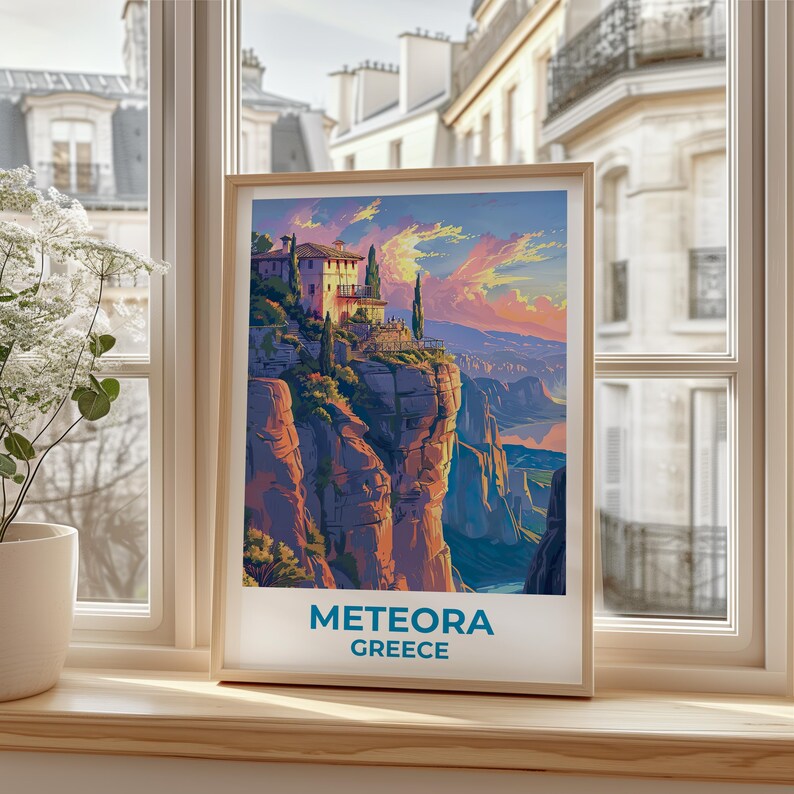 Meteora Travel Print, Greece Poster, Monastery Wall Art, Cliffside Illustration, Meteora Poster, Home Decor, Birthday Gift