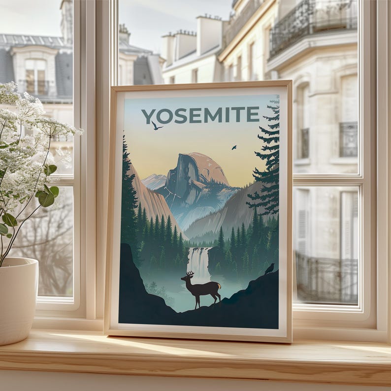 Yosemite National Park Poster, Forest Deer Print, California Art, Mountain Illustration, Landscape Poster, Home Decor, Birthday Gift