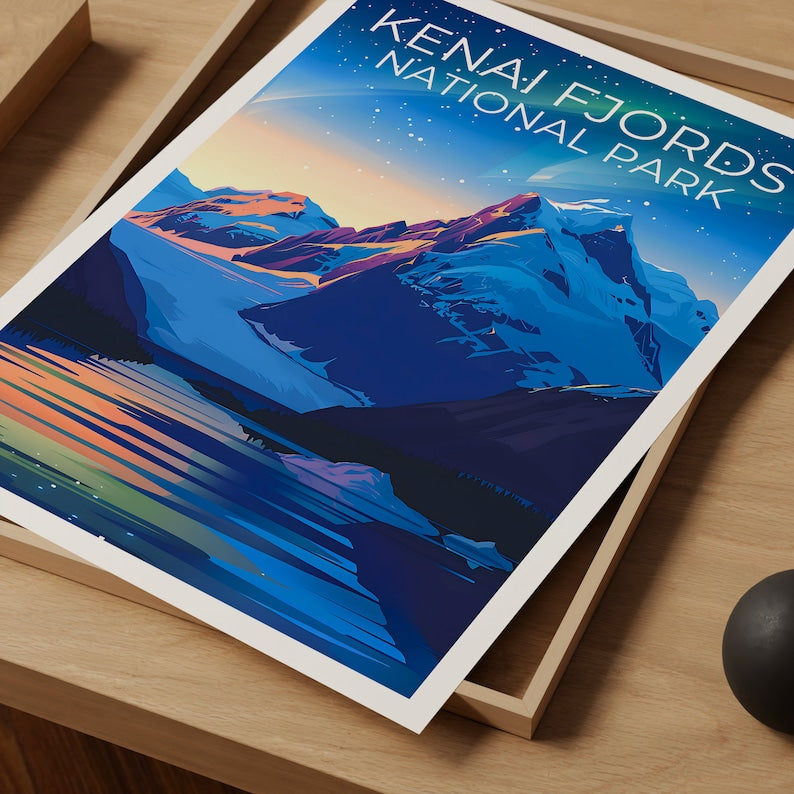Affiche de voyage des fjords de Kenai, impression des fjords de Kenai, affiche de l'Alaska, impression de l'Alaska, affiche des parcs nationaux, cadeau de randonnée