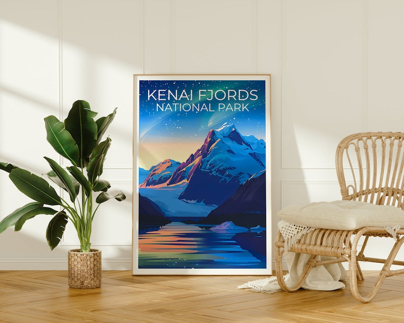 Affiche de voyage des fjords de Kenai, impression des fjords de Kenai, affiche de l'Alaska, impression de l'Alaska, affiche des parcs nationaux, cadeau de randonnée