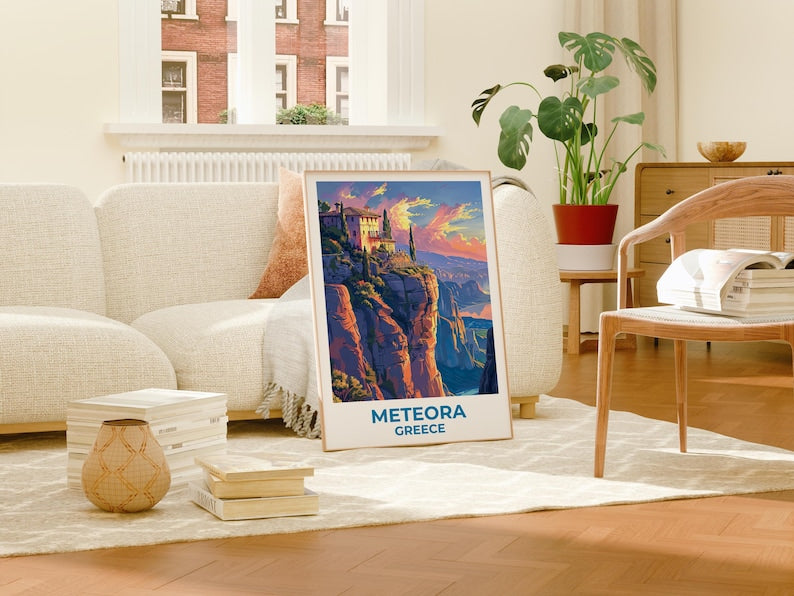 Meteora Travel Print, Greece Poster, Monastery Wall Art, Cliffside Illustration, Meteora Poster, Home Decor, Birthday Gift