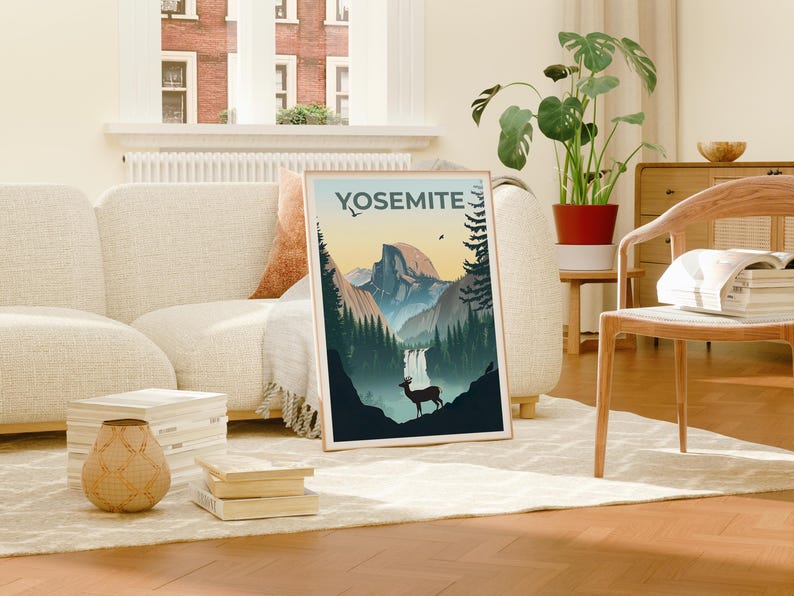 Yosemite National Park Poster, Forest Deer Print, California Art, Mountain Illustration, Landscape Poster, Home Decor, Birthday Gift