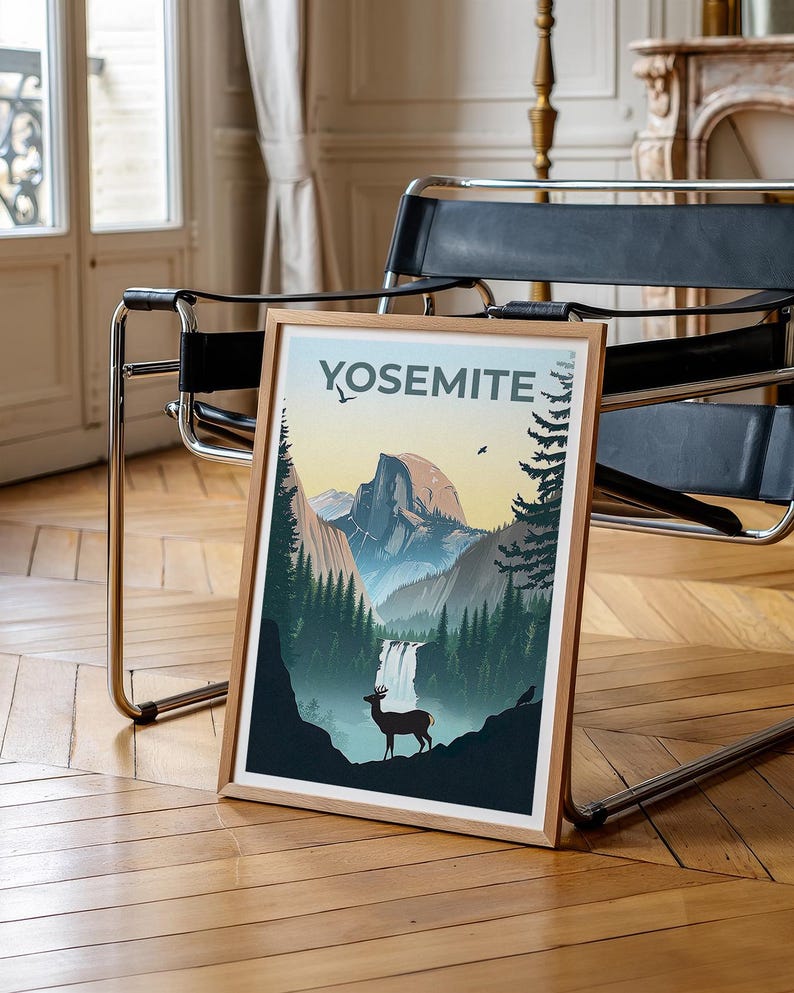 Yosemite National Park Poster, Forest Deer Print, California Art, Mountain Illustration, Landscape Poster, Home Decor, Birthday Gift